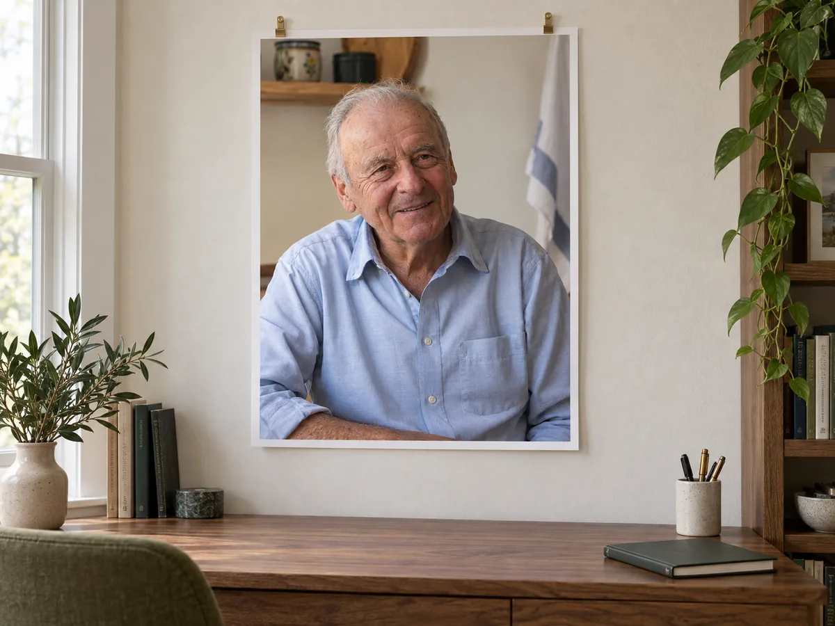 The grandfather portrait as an unframed matte print above a desk