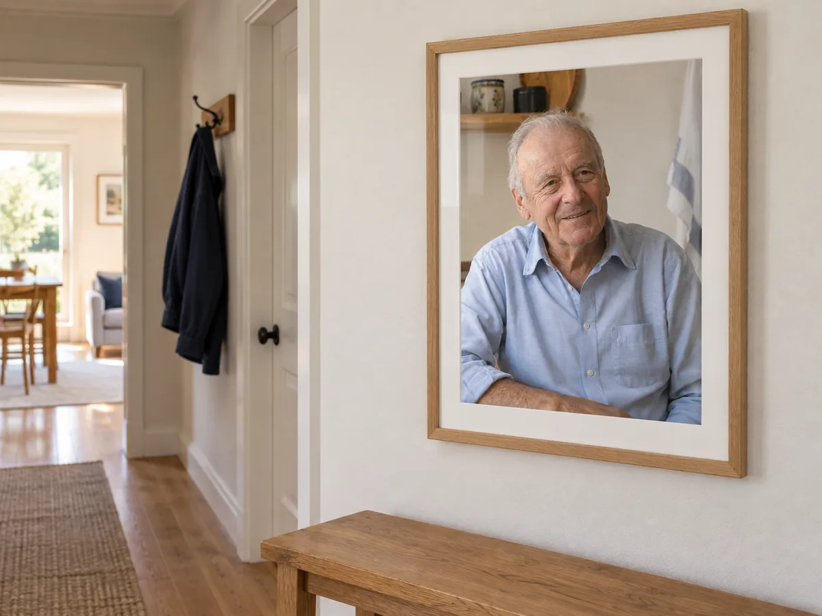 Grandfather portrait in a natural wood frame in a hallway