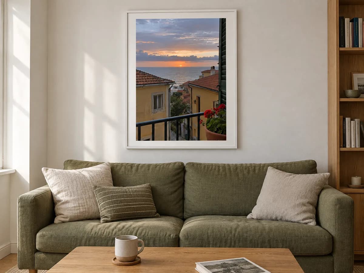 Coastal sunset print in a white frame above an olive sofa