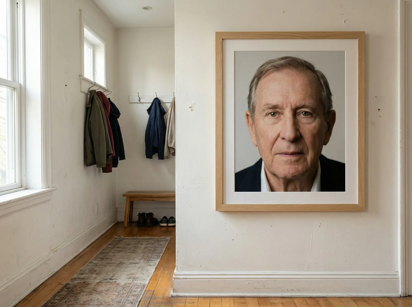 Large framed print in a bright hallway with natural wood frame