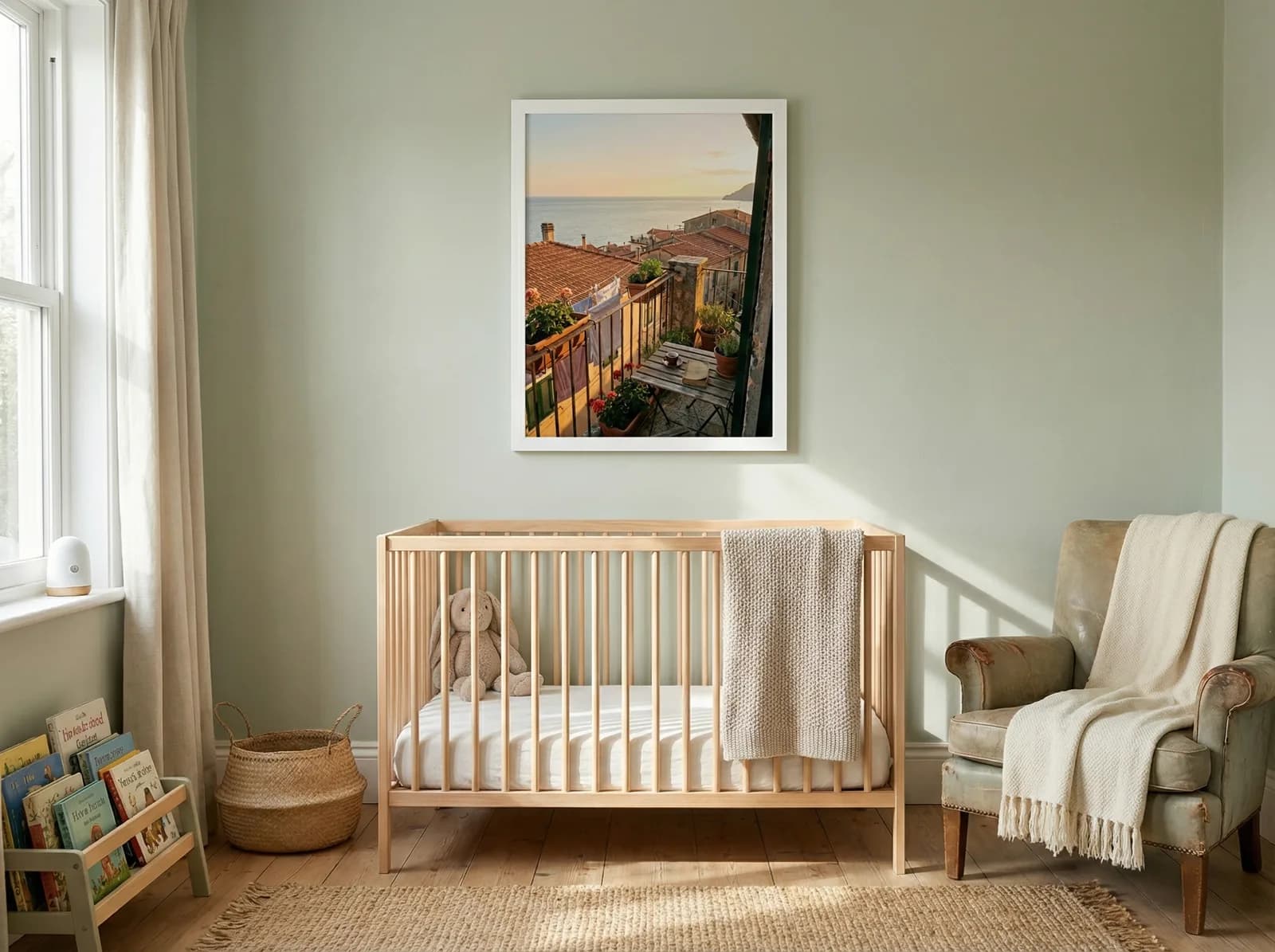 White-framed print in a cozy nursery setting