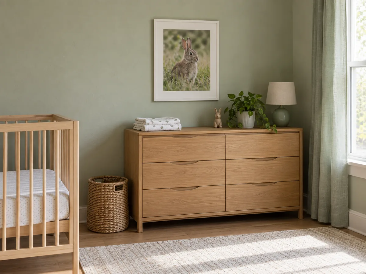 Kaninchenfoto in einem weißen Rahmen über einer Kommode im Babyzimmer